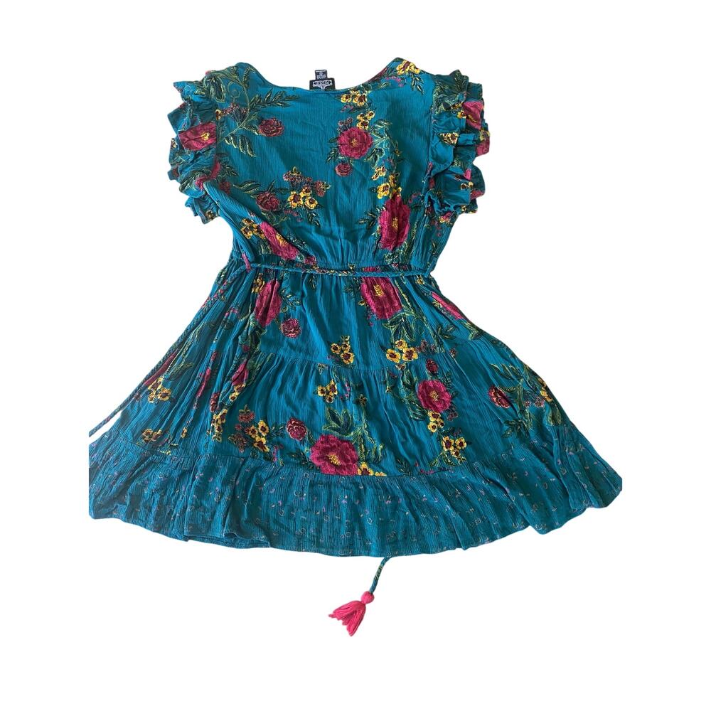 Women’s ANGIE Teal floral Mini Dress V Neck Tassels vibrant Colors 1X